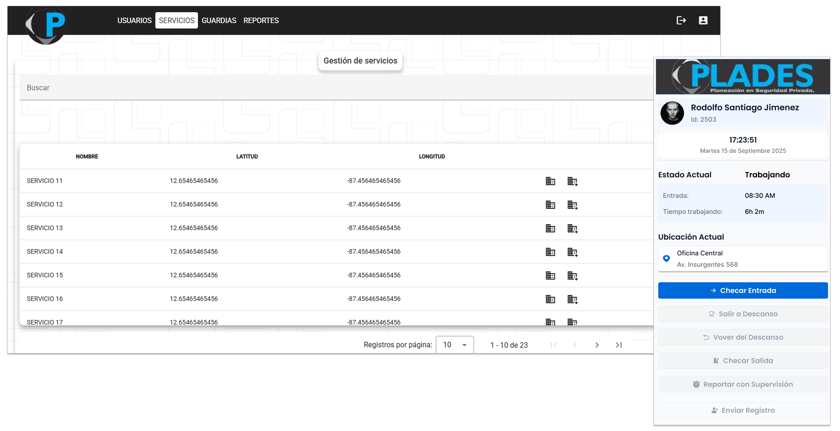 Panel de gestión de servicios y tarjeta de check-in de guardia en la app CheckPoint