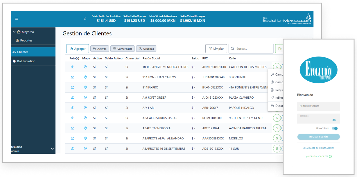 Panel de gestión de clientes del ERP para distribuidor de telefonía